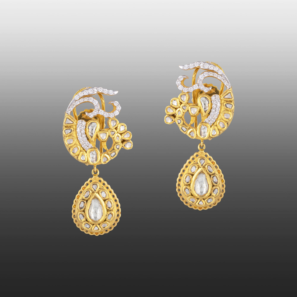 Peacock Polki Earrings with Diamond Accents and Teardrop Pendant